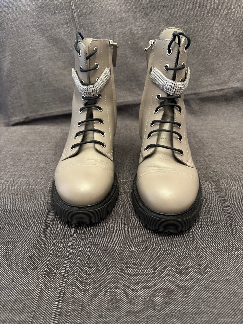Giuseppe Zanotti Alexa Grey Leather Combat Boots with Rhinestone Strap